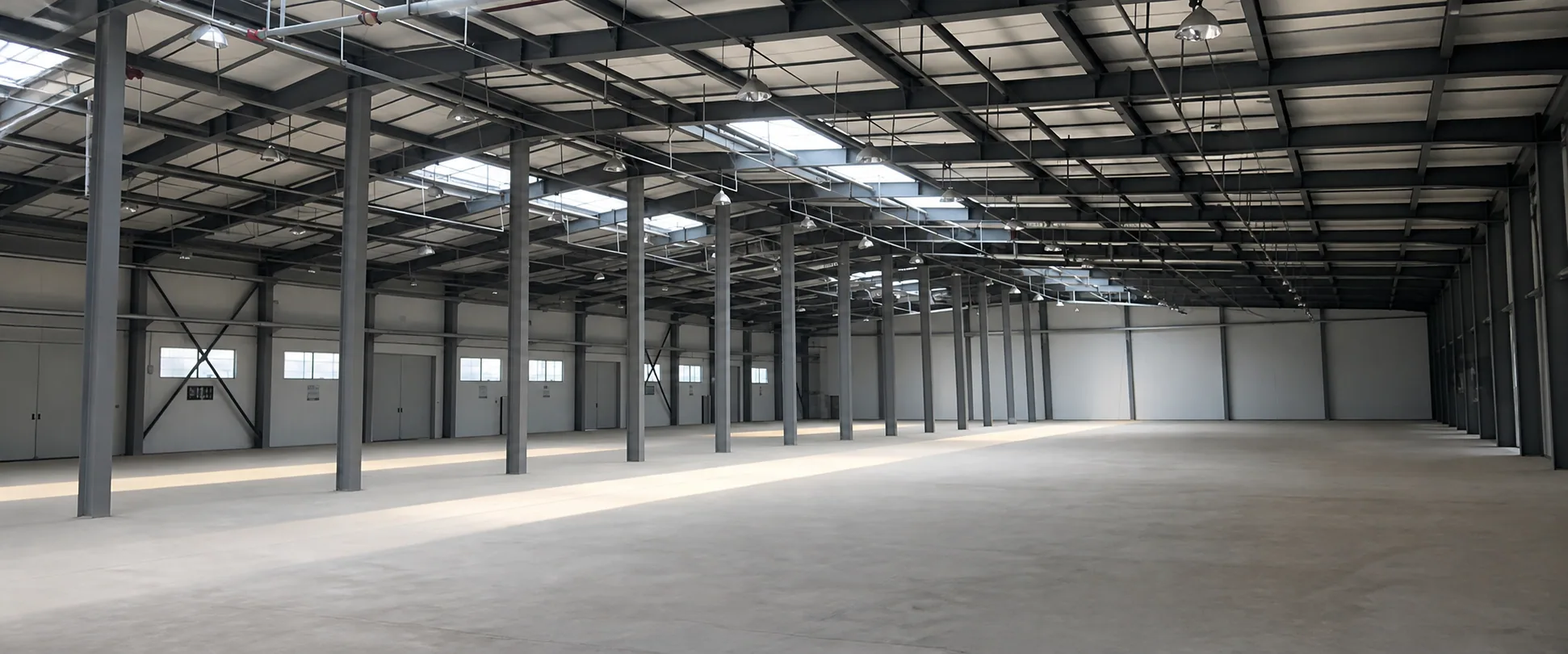 Sunlit warehouse interior with exposed steel columns and roof beams