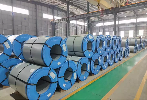 Rows of steel coils wrapped in blue protective material