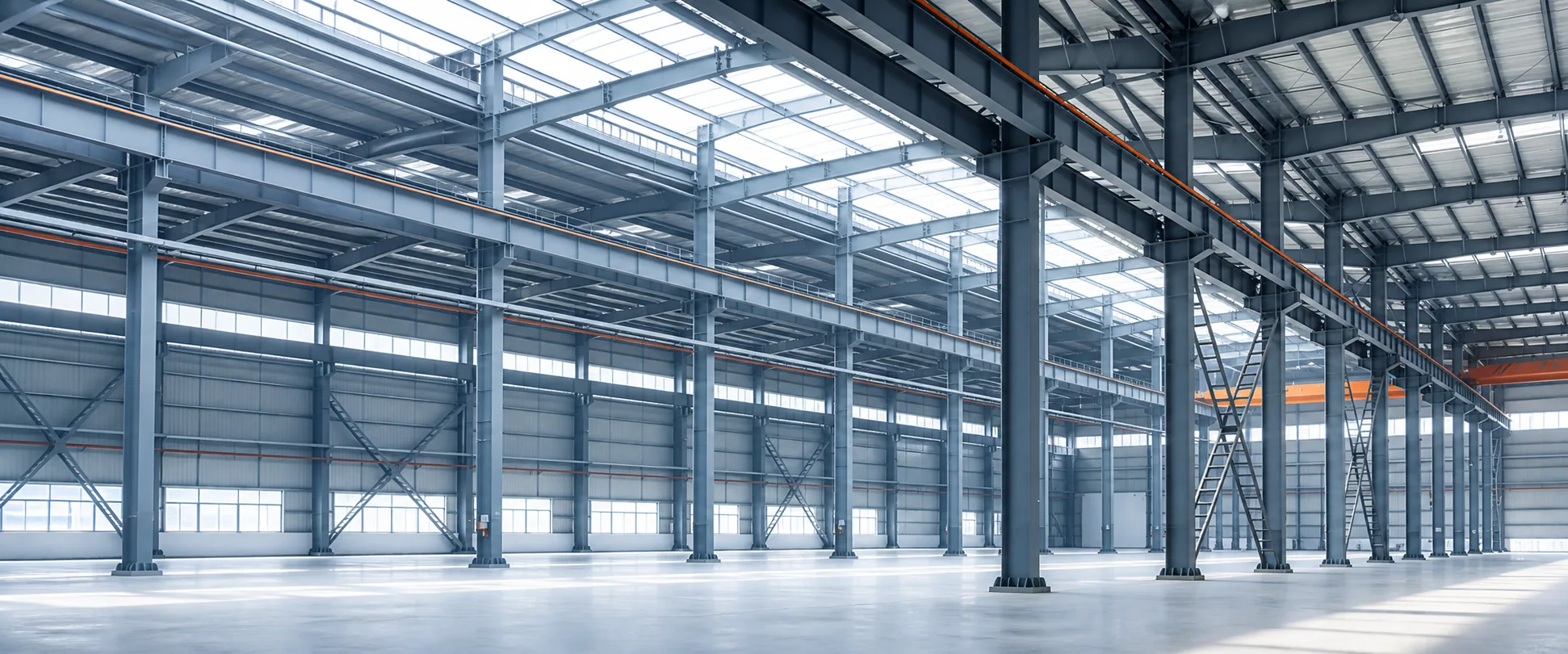Steel warehouse structure with roof trusses and overhead service lines