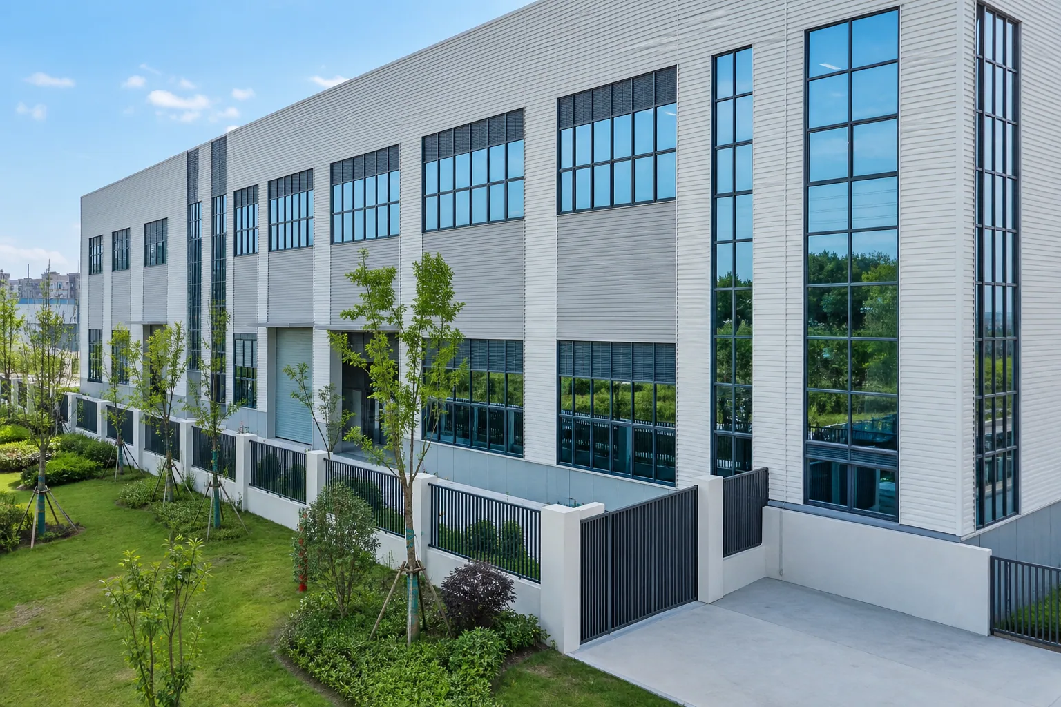 Completed Lishui Borda factory with blue windows and landscaped grounds